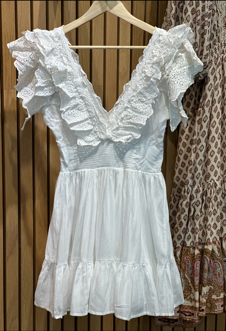 Cotton slub frilly dress - white